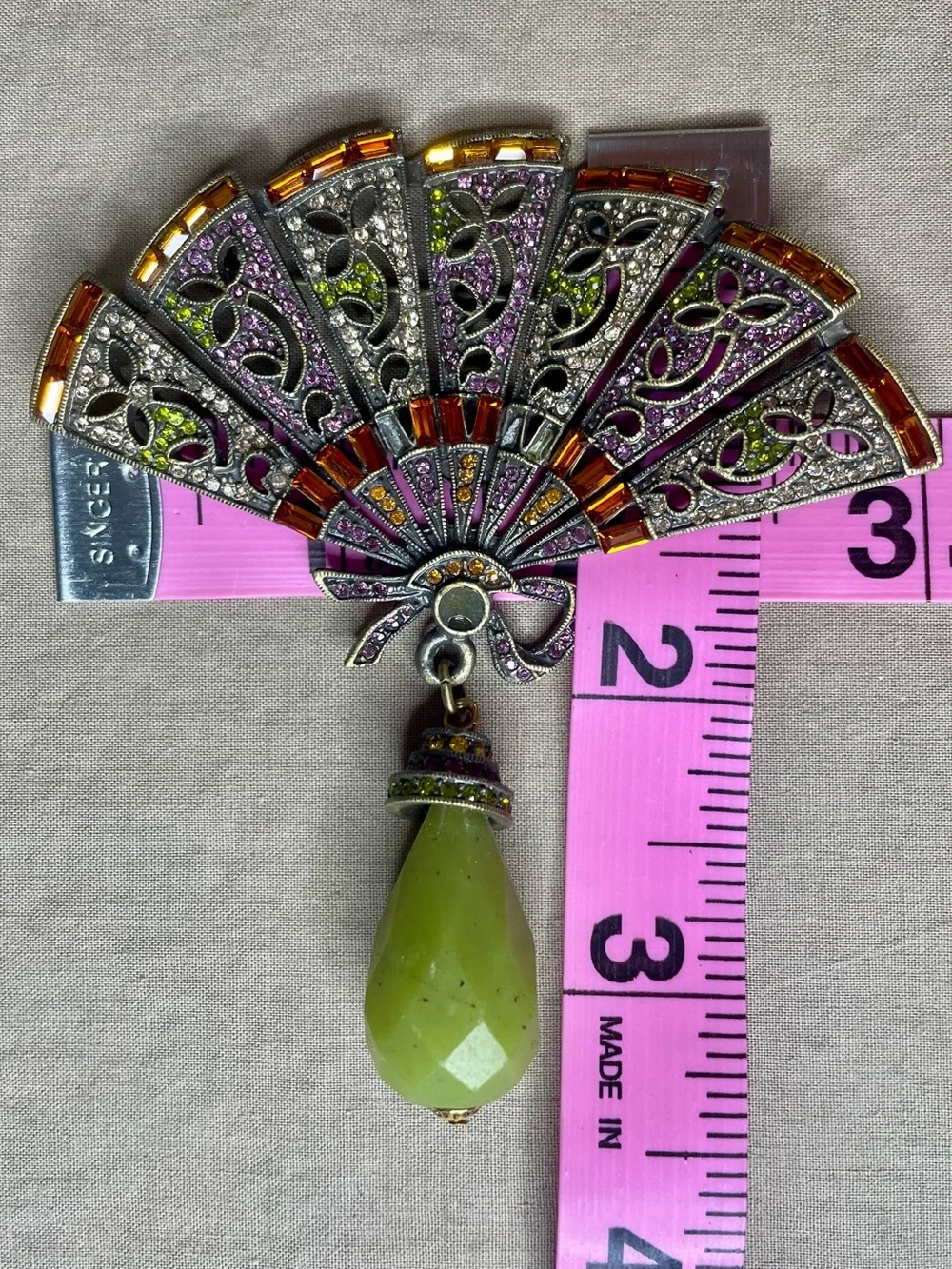 Heidi Daus Vintage Fan Brooch Crystals Pin Green Purple Rust Pave Broach FLAWs